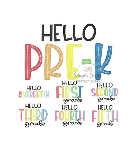 BUNDLE Hello Pre-K, Kindergarten, First, Second, Third, Fourth, Fifth grade sketch stitch embroidery design file, satin stitch, bean stitch
