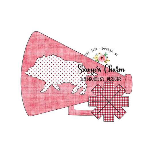 Megaphone pom pom razorback silhouette bean stitch applique machine embroidery design file, cheerleading mascot college high school football