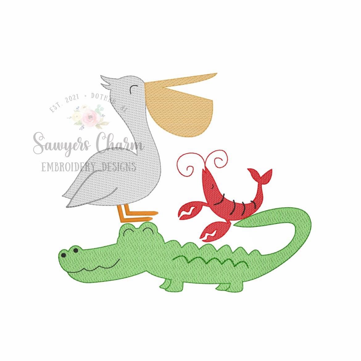 Stacked animals sketch stitch machine embroidery design file, quick stitch, alligator, crawfish, pelican, bean stitch details, summer water