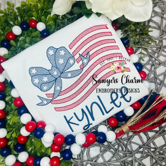 American flag with bow sketch stitch machine embroidery design file, bean stitch, 4th of July, patriotism, stars & stripes, girl, summer