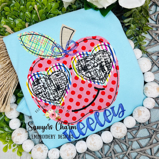BUNDLE Apple with heart sunglasses and bow zigzag & bean stitch applique machine embroidery design file, dino, back to school, quick stitch