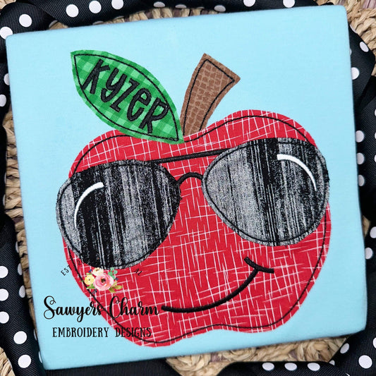 BUNDLE Apple with sunglasses zigzag & bean stitch applique machine embroidery design file, dino, back to school, sunnies, quick stitch, cool
