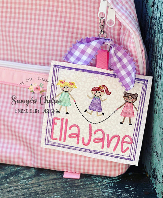 Three Girls jumping rope sketch stitch, machine embroidery design file, quick stitch, skipping rope, back to school, summer, pigtails, bow