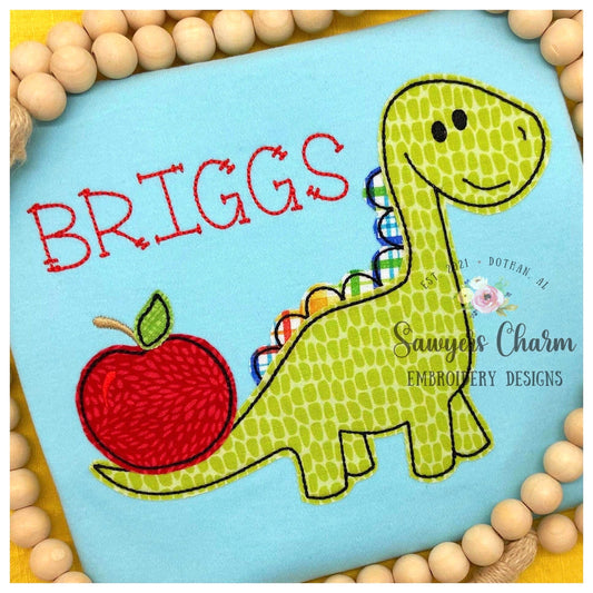 BUNDLE Back to school dinosaur with apple, with & without bow, bean stitch applique embroidery design file, dino, quick stitch