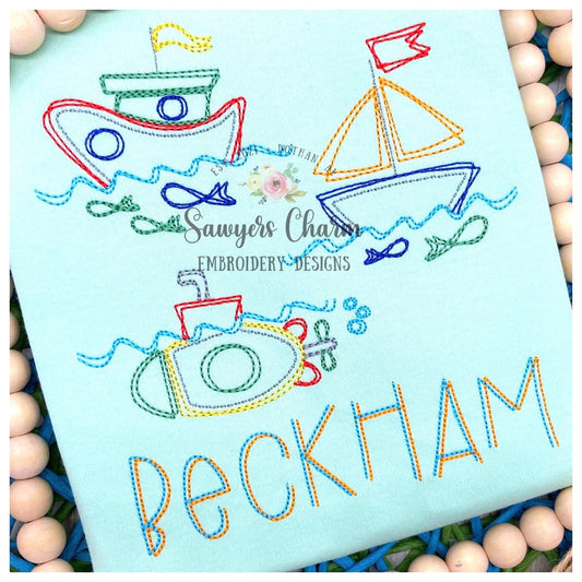 Squiggly boats trio with fish bean stitch machine embroidery design file, quick stitch, tug boat, sail boat, submarine, ocean beach water
