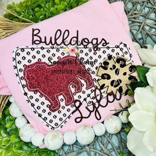 Megaphone pompom bulldog silhouette bean stitch applique machine embroidery design file, cheerleading mascot college high school university