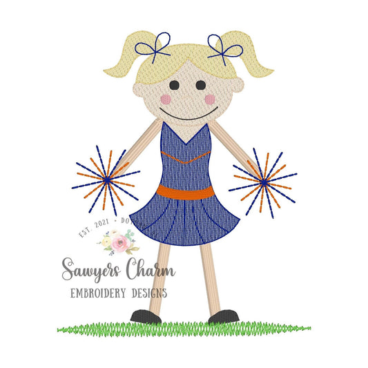 Cheerleader with pigtails & pompoms sketch stitch machine embroidery design file, quick stitch football field fall sports bow, cheerleading