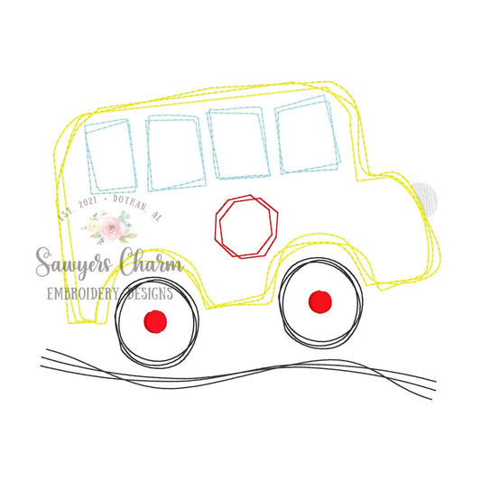 Squiggly Back to school bus bean stitch embroidery design file, quick stitch, scribble, student transportation
