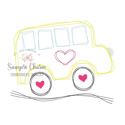 Squiggly Back to school bus with hearts, bean stitch embroidery design file, quick stitch, scribble, student transportation