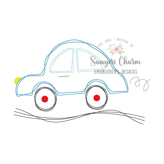 Squiggly car bean stitch machine embroidery design file, quick stitch, vintage stitch, transportation, road, scribble