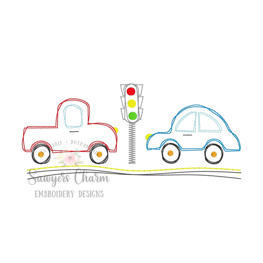 Squiggly transportation vehicles trio quick stitch, vintage style, bean stitch machine embroidery design file, car, truck, stoplight, road