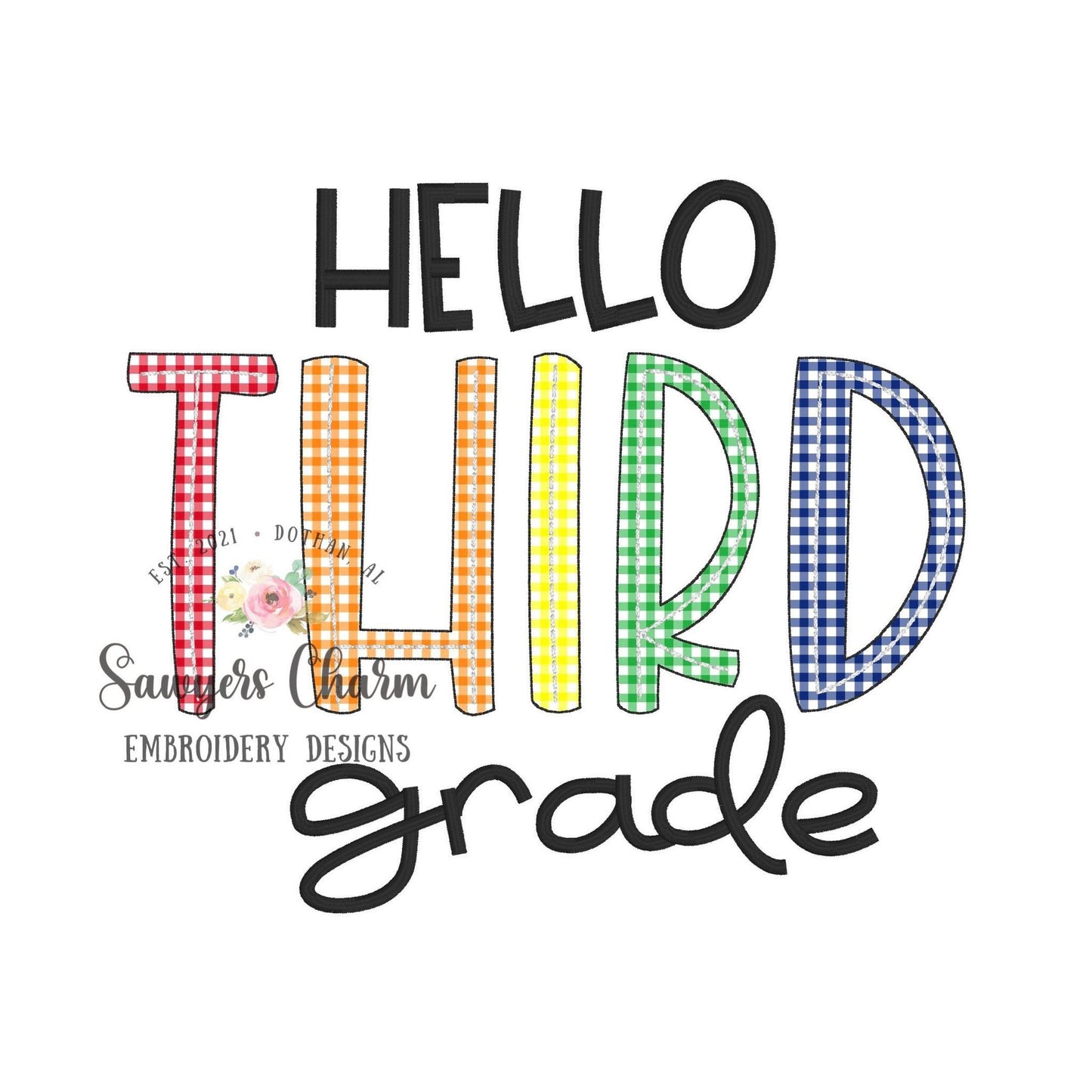 Hello Third Grade, bean stitch applique, machine embroidery design file, satin stitch, back to school, elementary student