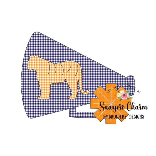 Megaphone pom pom tiger silhouette bean stitch applique, machine embroidery design file, cheerleading, mascot, college high school, football