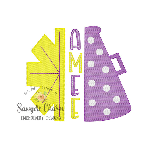 Split megaphone/pom pom with polka dots, light fill sketch stitch machine embroidery design file, football sports cheerleading, monogram