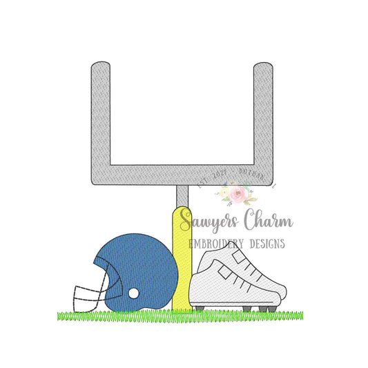 Football field goal post, helmet, cleats sketch stitch machine embroidery design file, zig zag grass, college high school university sports