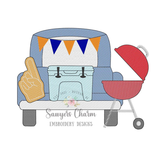 Tailgating vintage truck, foam finger, grill, cooler, bunting sketch stitch machine embroidery design file, sports, college school team