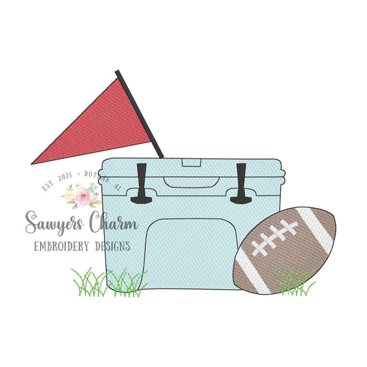 Tailgating cooler, football, pennant sketch stitch machine embroidery design file, sports, college school team, snacks, food, game day