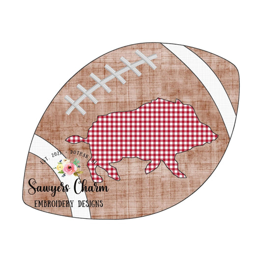 Sports football razorback silhouette bean stitch applique machine embroidery design file, cheerleading mascot college high school university