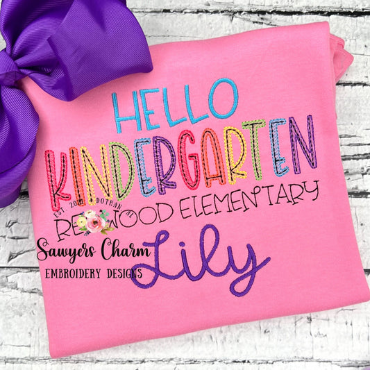 Hello Kindergarten, sketch stitch embroidery design file, satin stitch, bean stitch, back to school, K-5 student