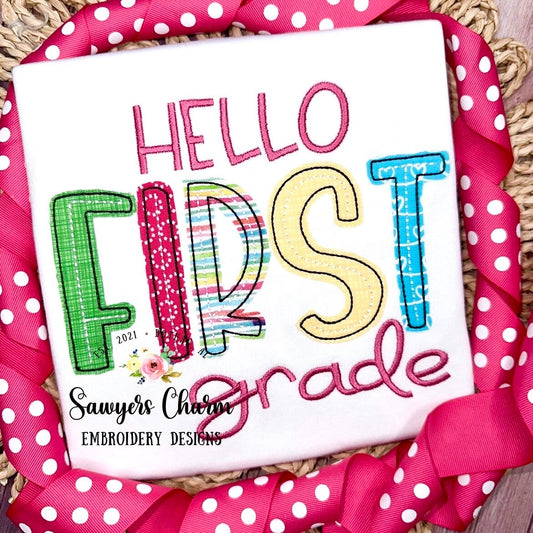 Hello First Grade, bean stitch applique, machine embroidery design file, satin stitch, back to school, elementary student
