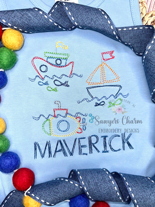 Squiggly boats trio with fish bean stitch machine embroidery design file, quick stitch, tug boat, sail boat, submarine, ocean beach water