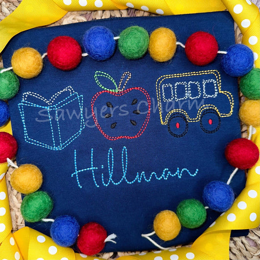 BUNDLE Squiggly Back to school apple book bus trio with & without heart/bow bean stitch embroidery design file, quick stitch, scribble