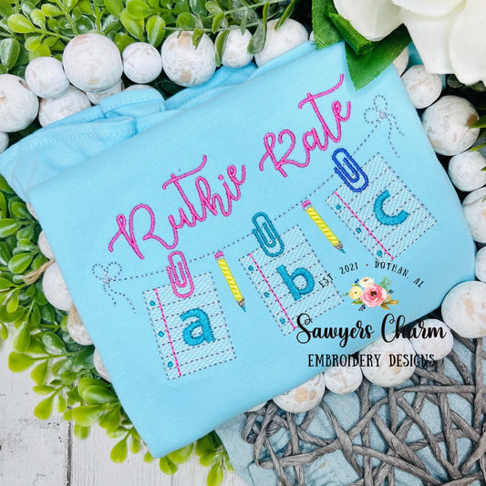 BUNDLE ABC school pencil/notebook paper bunting banner with & without bows, sketch stitch machine embroidery design file, quick stitch