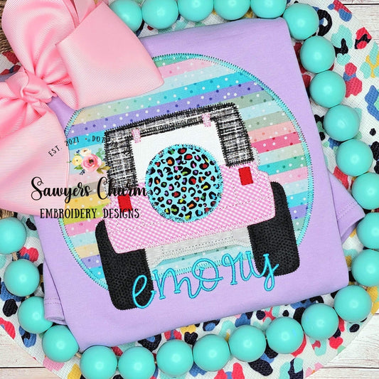 Off Road SUV vehicle truck & tire with sunset zigzag stitch applique, machine embroidery design file, transportation, mudding, beach summer