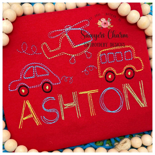 Squiggly transportation vehicles trio quick stitch, vintage style, bean stitch machine embroidery design file, car, bus, helicopter
