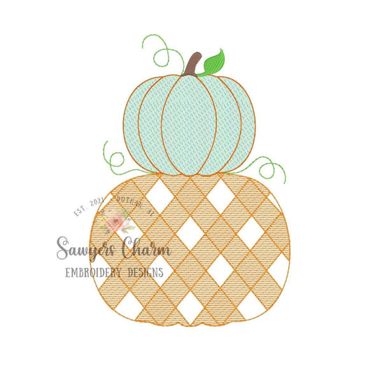 BUNDLE Gingham stacked pumpkins with & without bow, sketch stitch machine embroidery design file, halloween, fall pumpkin patch plaid check