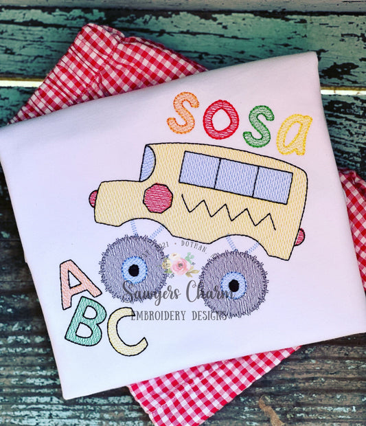 Monster truck school bus ABC light fill sketch stitch embroidery design file, quick stitch, transportation, students, back to school, rally