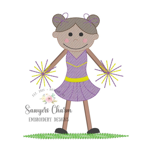 Cheerleader with buns & pompoms sketch stitch machine embroidery design file, quick stitch, football field, fall sports, bow, cheerleading