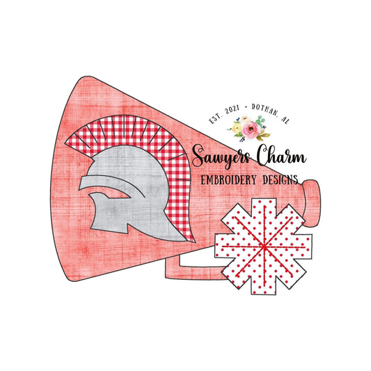 Megaphone pompoms trojan/spartan silhouette bean stitch applique machine embroidery design file, mascot college school university football