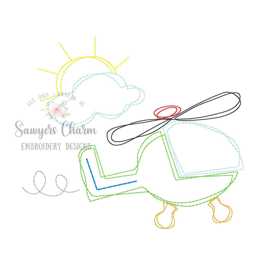 Squiggly flying helicopter bean stitch machine embroidery design file, quick stitch scribble vintage stitch, transportation, sunshine clouds