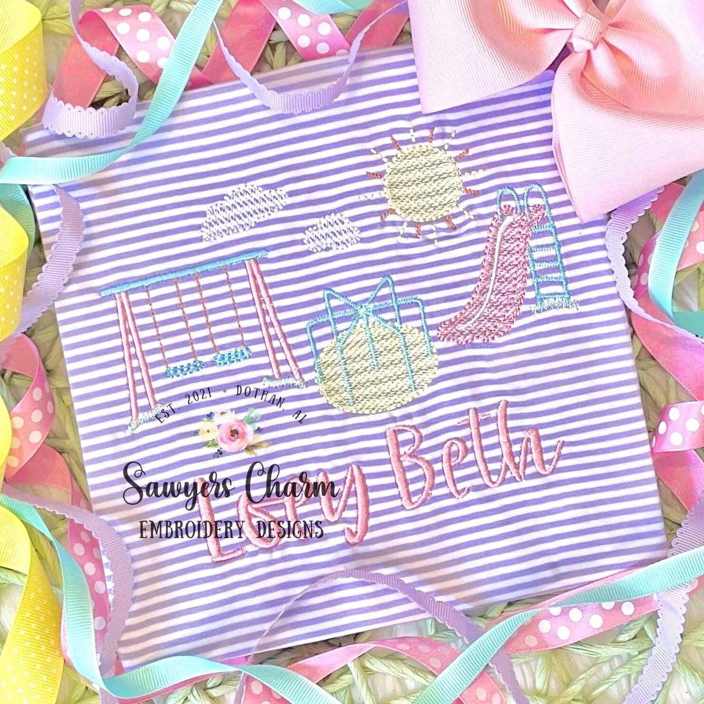 Playground equipment trio sketch stitch machine embroidery design file, quick stitch, back to school, recess, slide, swing, merry go round