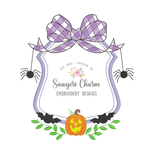Gingham bow Halloween jackolantern bats spider monogram crest frame machine embroidery design file, fall pumpkin, laurel vines, spiderweb