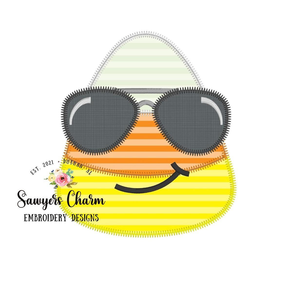 BUNDLE Candy corn with sunglasses bean & zigzag stitch machine applique embroidery design file, Halloween, spooky season, trick or treating