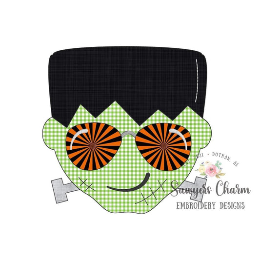 BUNDLE Frankenstein with sunglasses bean & zigzag stitch machine applique embroidery design file, Halloween spooky season, trick or treating