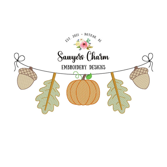 BUNDLE Acorn, leaves, pumpkin bunting banner, sketch stitch embroidery design file, halloween, pumpkin patch, bean stitch, thanksgiving fall