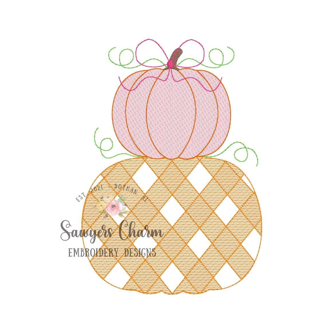 BUNDLE Gingham stacked pumpkins with & without bow, sketch stitch machine embroidery design file, halloween, fall pumpkin patch plaid check