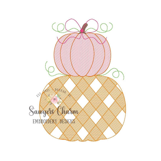 BUNDLE Gingham stacked pumpkins with & without bow, sketch stitch machine embroidery design file, halloween, fall pumpkin patch plaid check