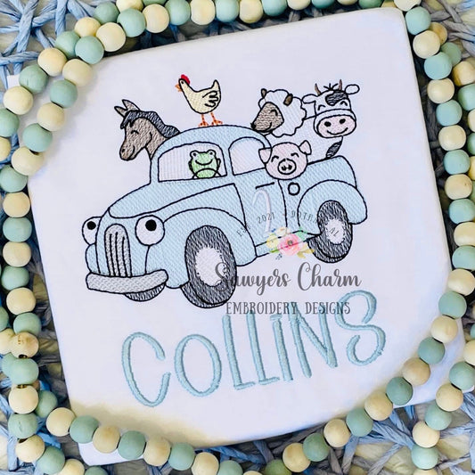 Blue truck with farm animals sketch stitch, machine embroidery design file, bean stitch, transportation, beep beep, oink baa moo, chicken