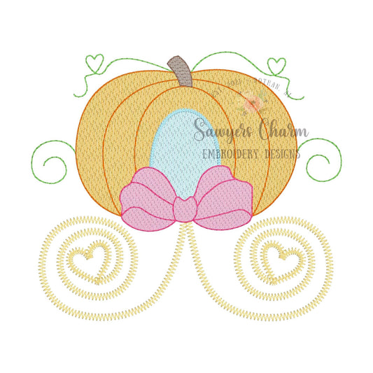 Pumpkin princess carriage with bow sketch stitch machine embroidery design file, halloween, fall pumpkin, girly girl, queen