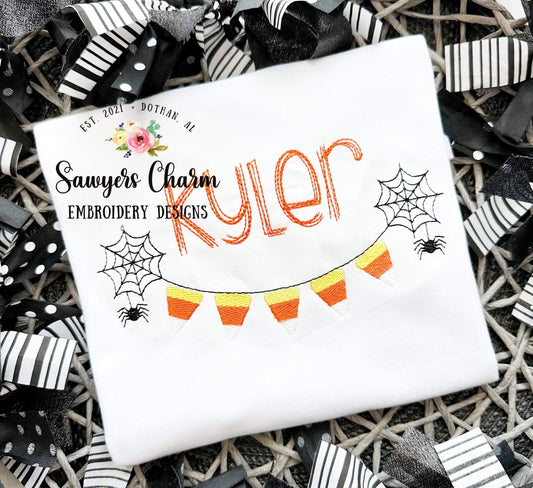 Halloween candy corn spider web bunting banner, sketch stitch machine embroidery design file, quick stitch, bean stitch, spooky season