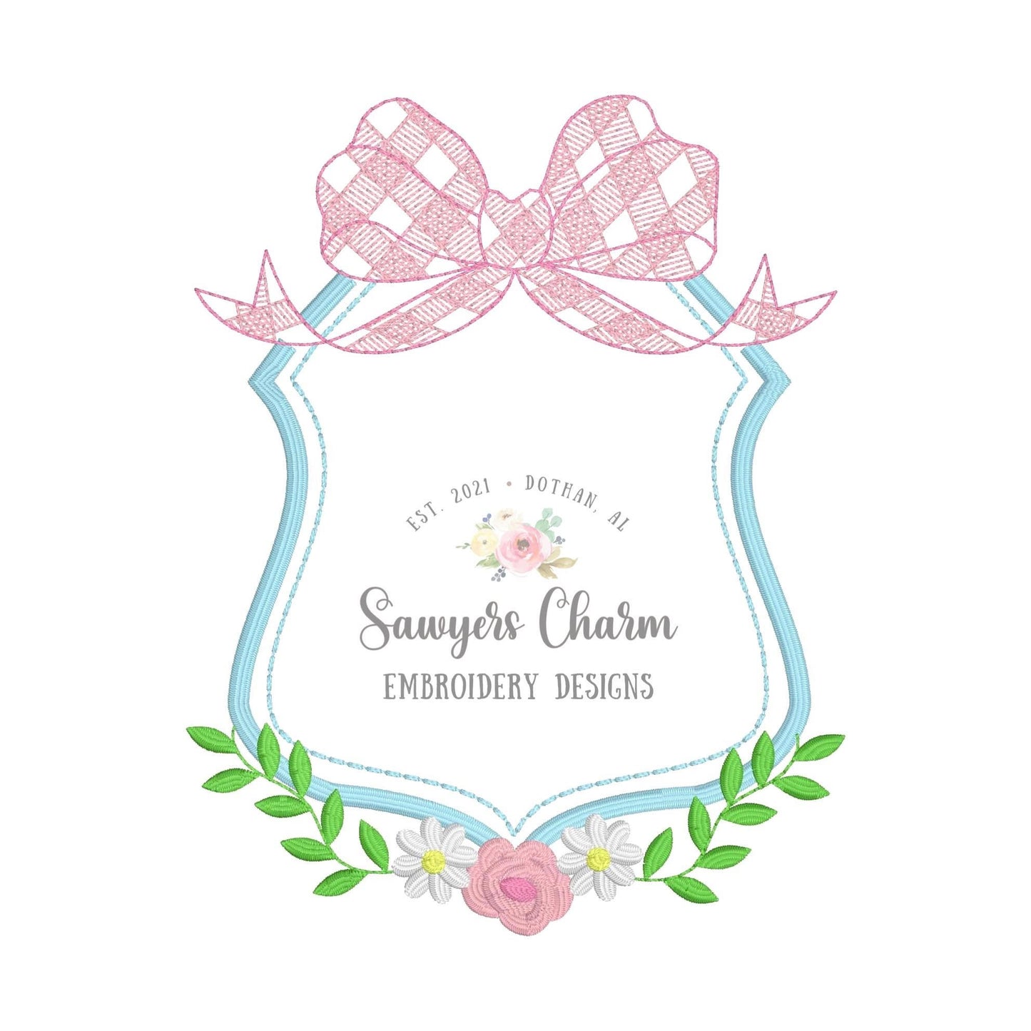 Gingham bow floral monogram frame, satin stitch/sketch stitch machine embroidery design file, quick stitch, flowers, laurel swag, crest
