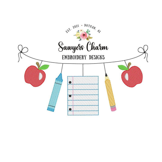 Back to school bunting banner, sketch stitch machine embroidery design file, quick stitch, bean stitch, crayon, pencil, paper, apple