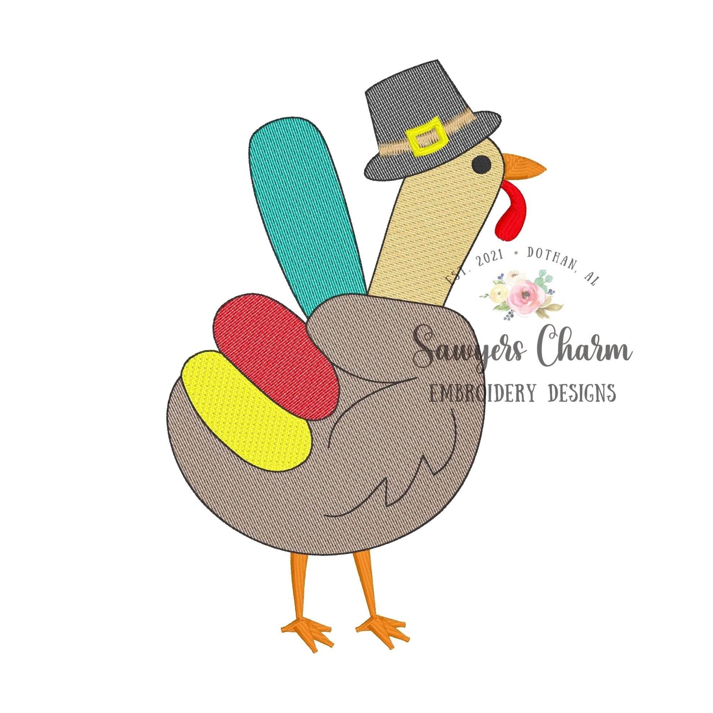 Pilgrim Turkey peace sign sketch stitch machine embroidery design file, fall, thanksgiving, gobble, quick stitch, retro groovy, gather