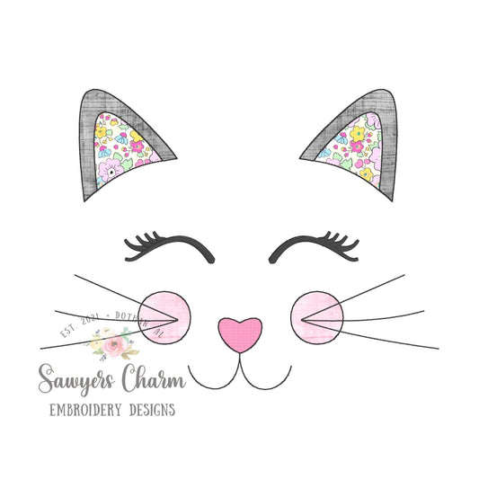 BUNDLE Sweet kitty cat face zig zag & bean stitch applique, machine embroidery design file, fall halloween, spooky season, black cat, purr