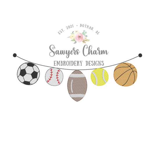BUNDLE Multi Sports balls bunting banner sketch stitch machine embroidery design file, tennis, football, basketball, baseball, soccer