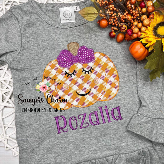 BUNDLE Sweet Pumpkin with bow zig zag & bean stitch applique machine embroidery design file, fall, halloween, spooky season, jackolantern